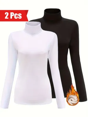 2 Pcs Solid Plush Lined Thermal Underwear For Fall & Winter, Long Sleeve High Neck Slim Fit Top, Women's Underwear & Lingerie