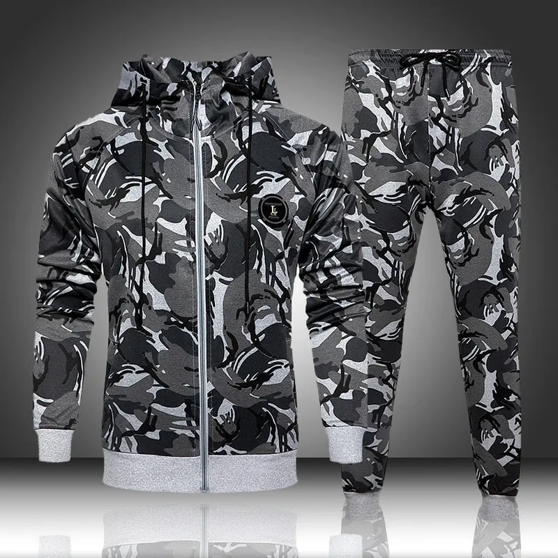 2 Piece Camouflage Sweatshirts Jacket   Pants Sets Camo Men Tracksuit Hooded Outerwear Hoodie Set