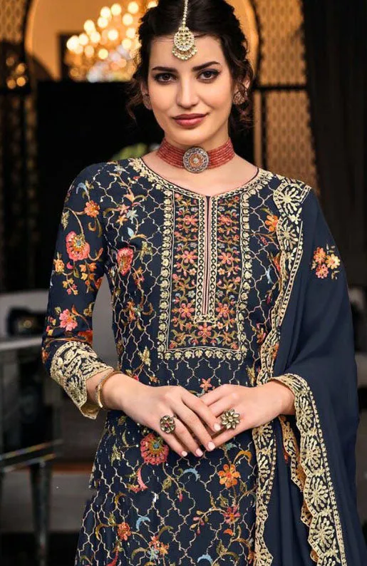 Alluring Dark Blue Color Designer Palazzo Suits With Dupatta