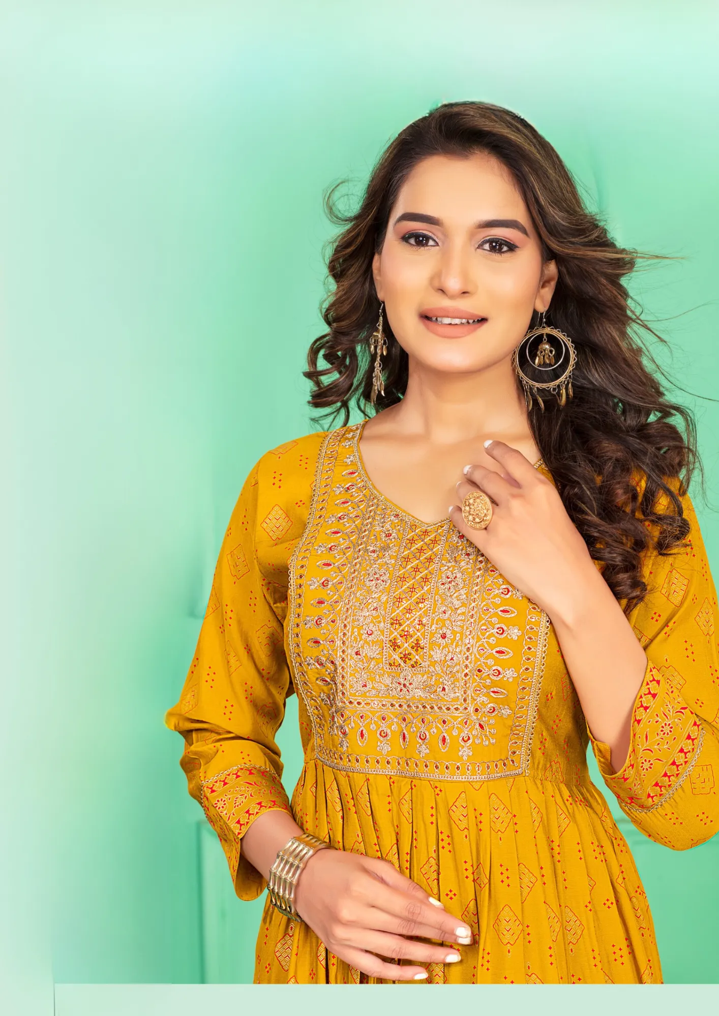 Attactive yellow Color Screen Print Flared Long Kurti With Computer Embroidery Yock With Lace Kurti For Women