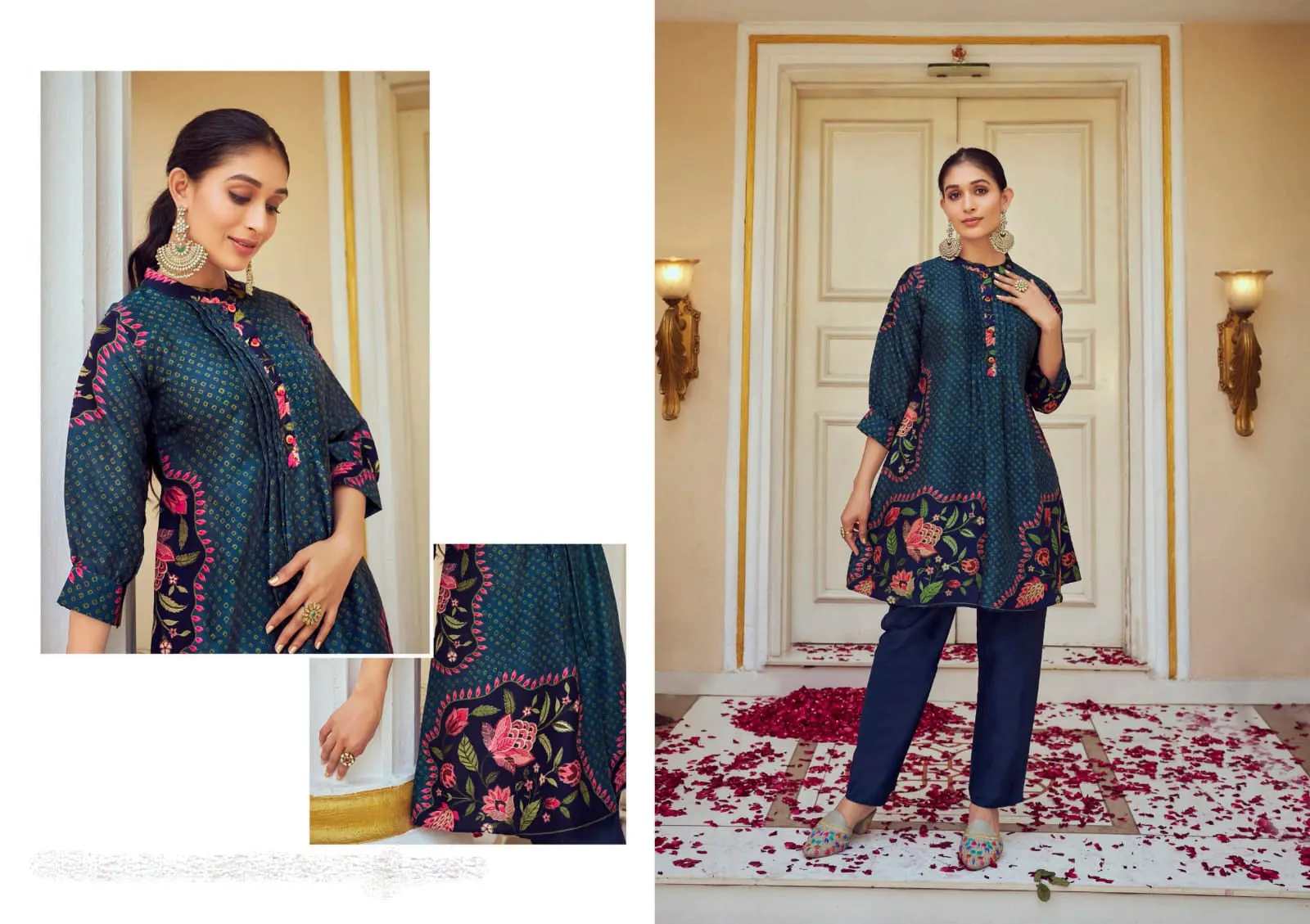 Attractive Dark Blue Colored Tusser Silk With Floral Design Kurti And Pant For Women