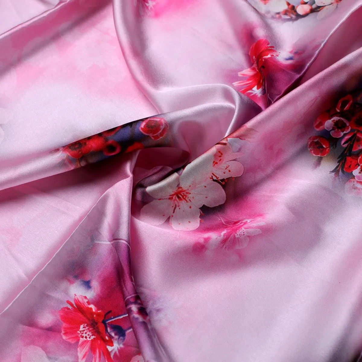 Attractive Jasmin Pink Flower With Orange Rose Digital Printed Fabric - Japan Satin