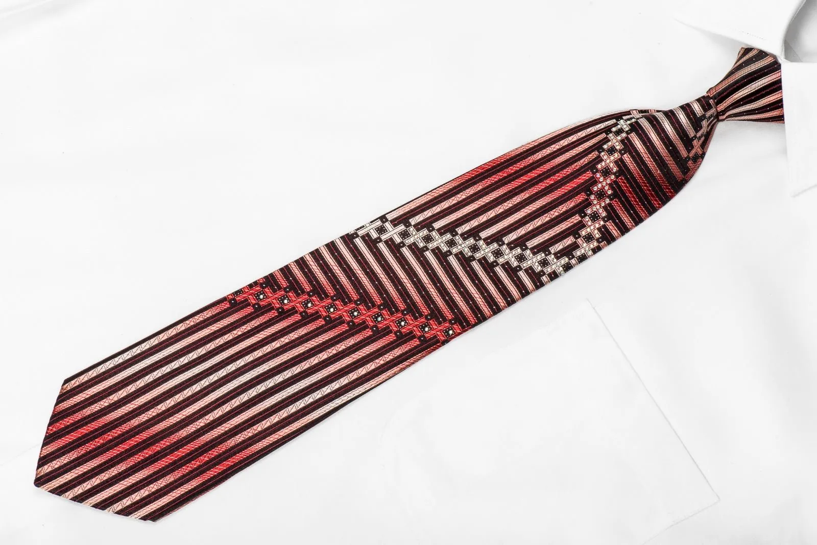 Austin Reed Men's Crystal Silk Necktie Black Red Chevron Striped With Silver Sparkles