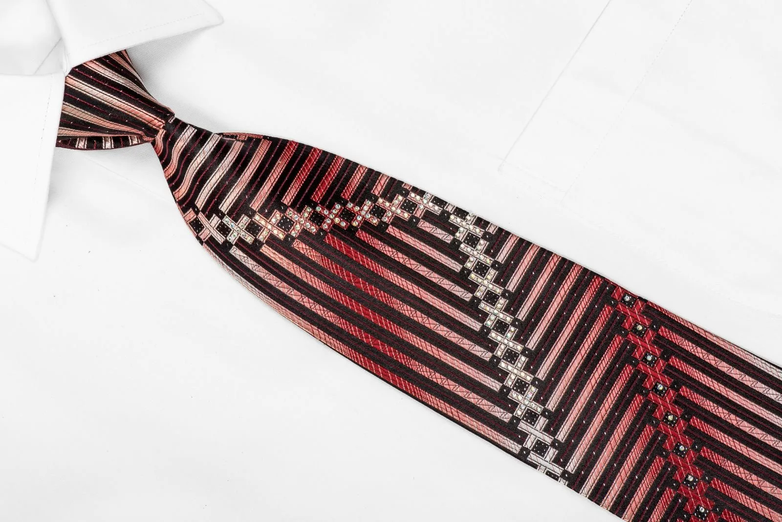 Austin Reed Men's Crystal Silk Necktie Black Red Chevron Striped With Silver Sparkles