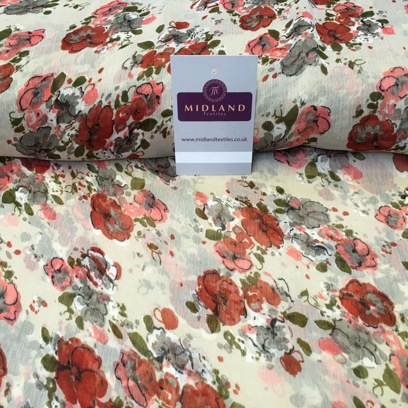 Beige Red Vintage Floral Crinkle Georgette Chiffon Fabric 150cm Wide MK1090-5