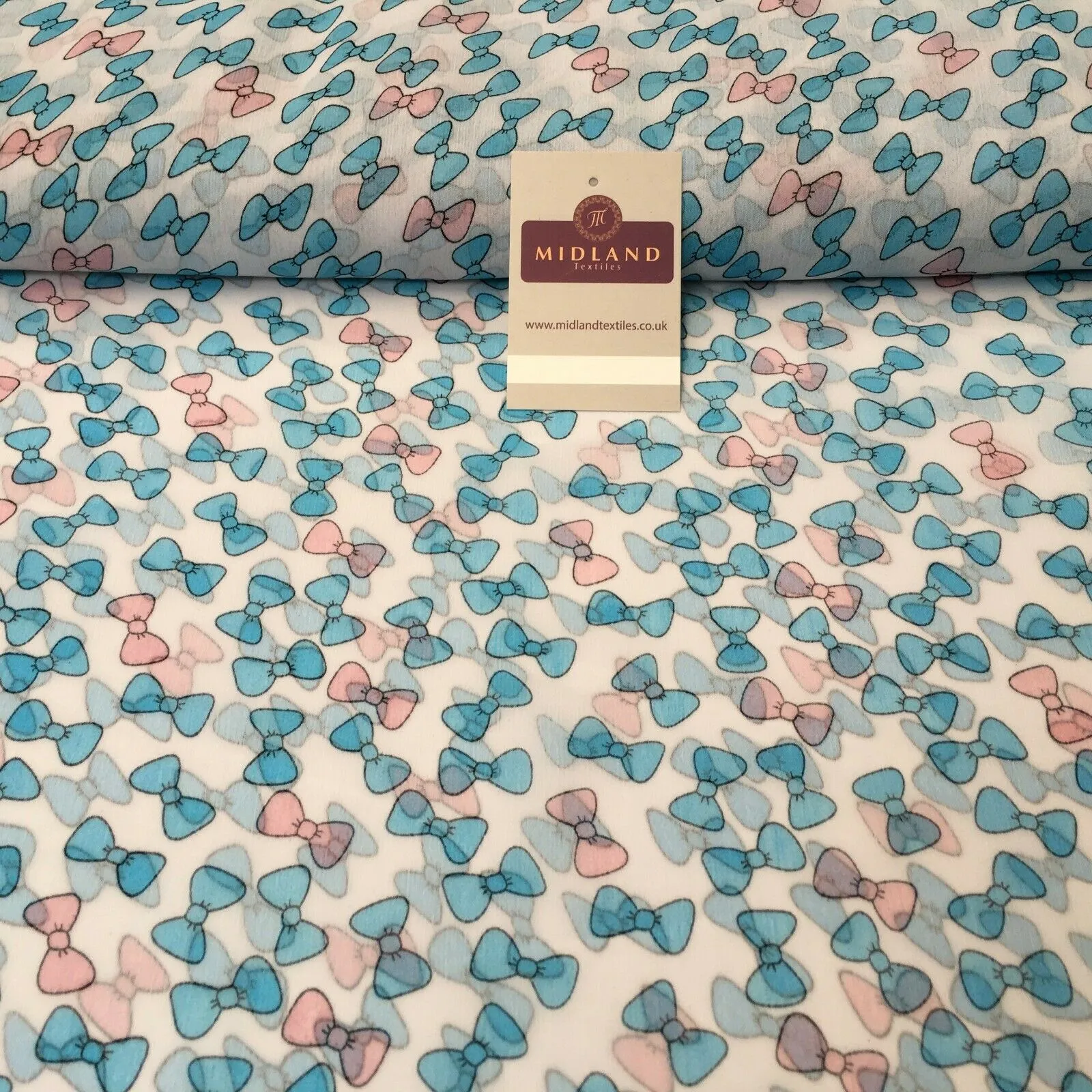 Blue Bows Printed Crinkle Georgette Chiffon Fabric 150cm wide MK1090-23