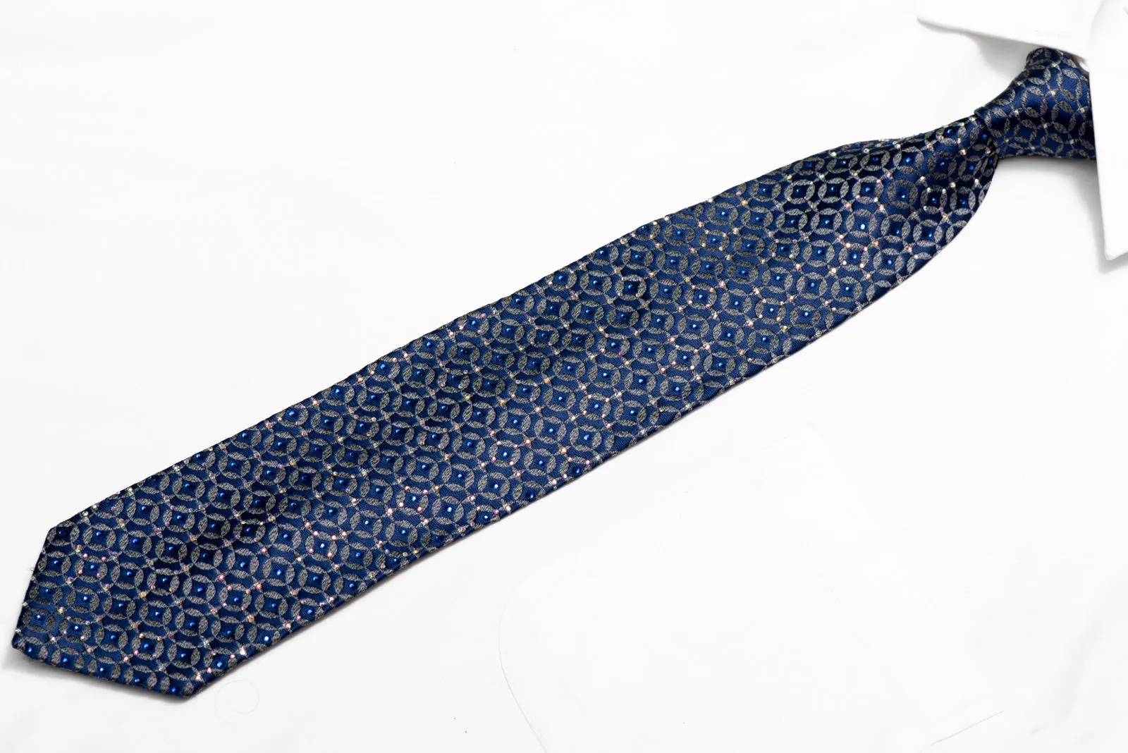 Blue Geometric On Silver Rhinestone Tie With Silver Sparkles