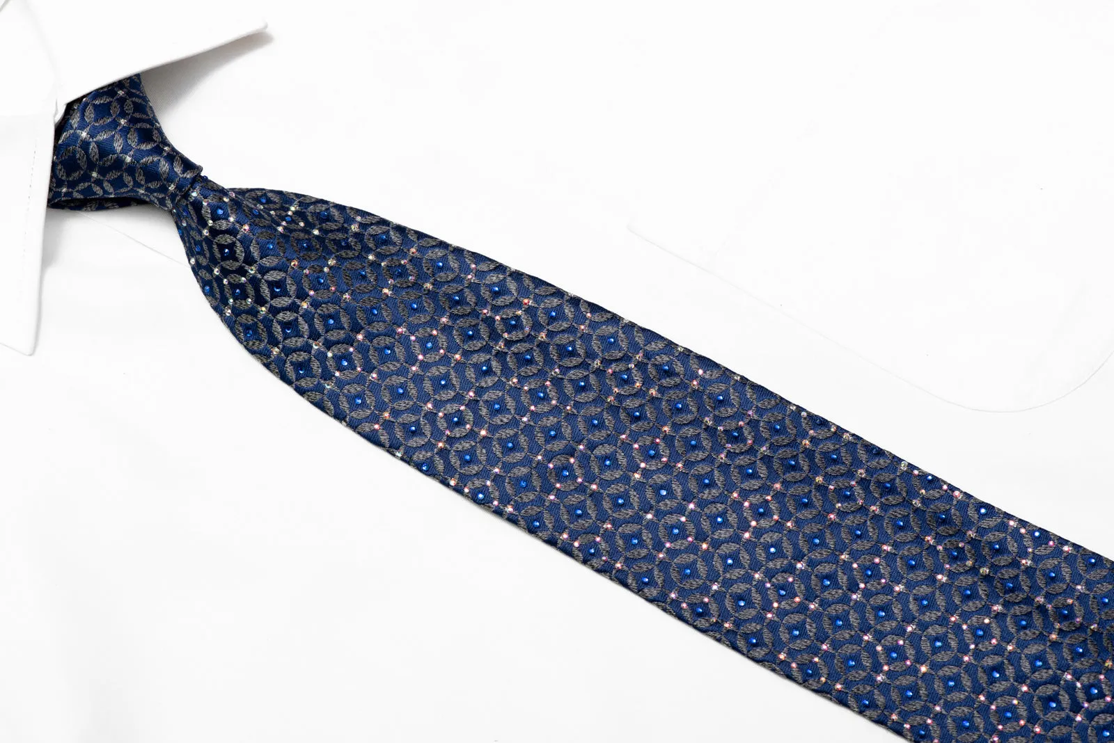 Blue Geometric On Silver Rhinestone Tie With Silver Sparkles