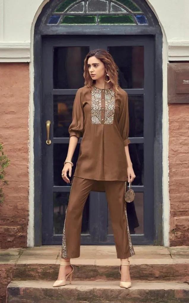 BROWN CO ORD SET WITH EMBELLISHED EMBROIDERY