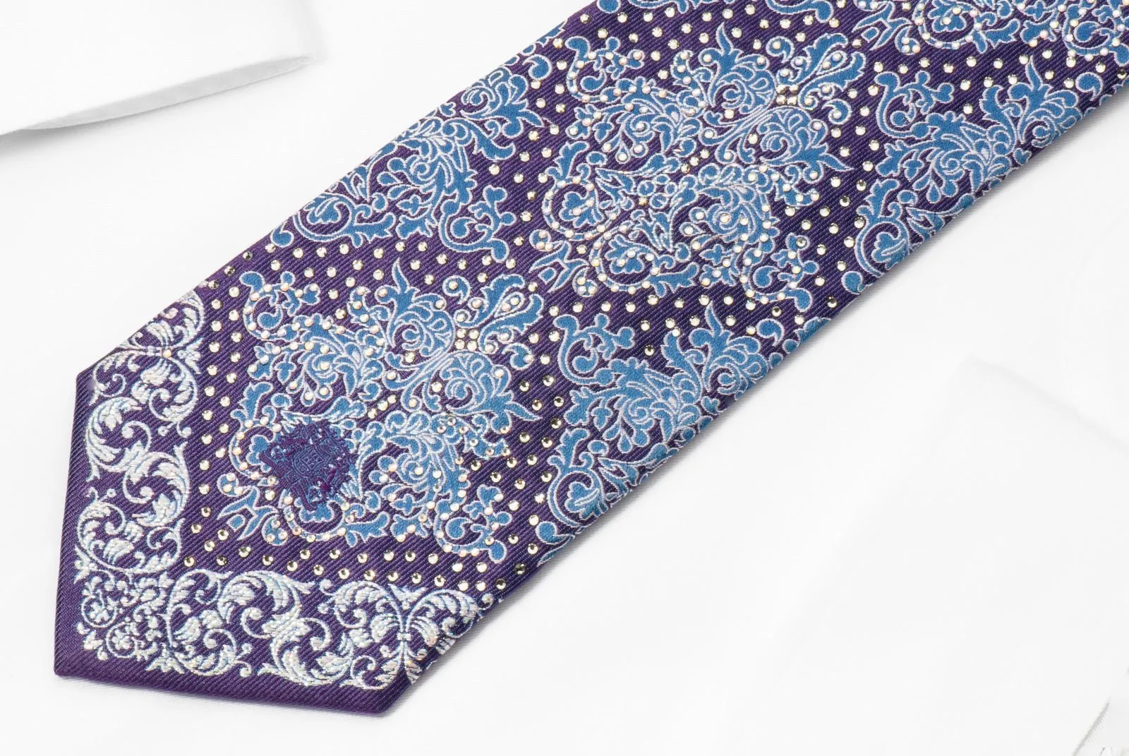 Cabrini Silk Necktie Silver & Blue Damask On Purple With Clear White Rhinestones