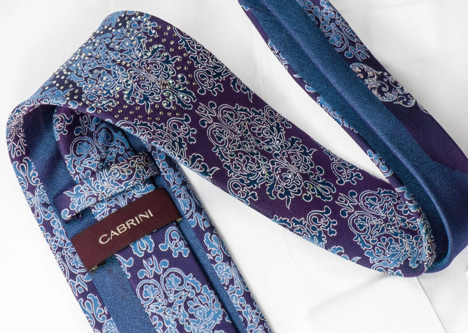 Cabrini Silk Necktie Silver & Blue Damask On Purple With Clear White Rhinestones