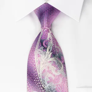 Caesars Silk Rhinestone Necktie Pink Silver Paisley Floral On Gray With Silver Sparkles