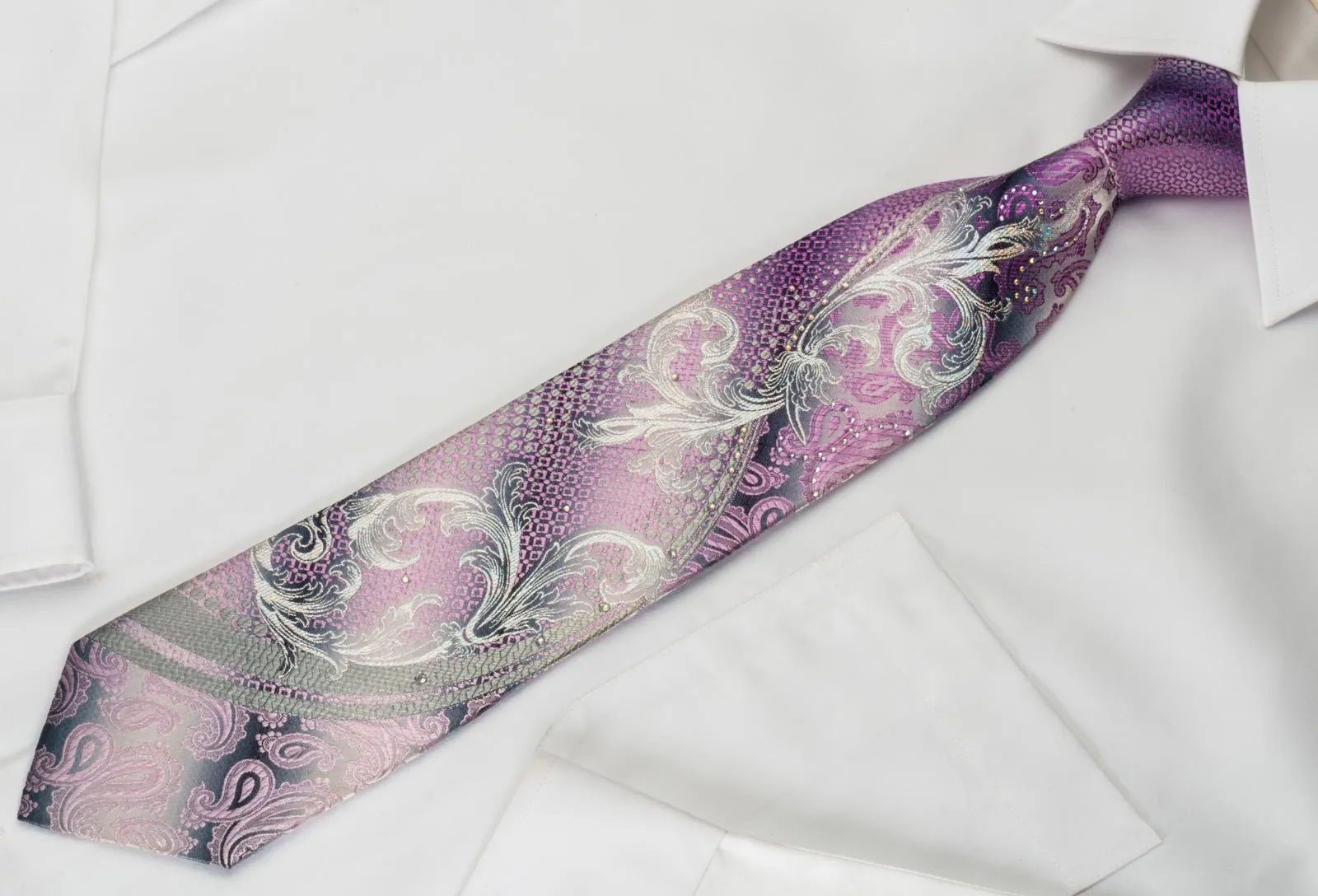 Caesars Silk Rhinestone Necktie Pink Silver Paisley Floral On Gray With Silver Sparkles