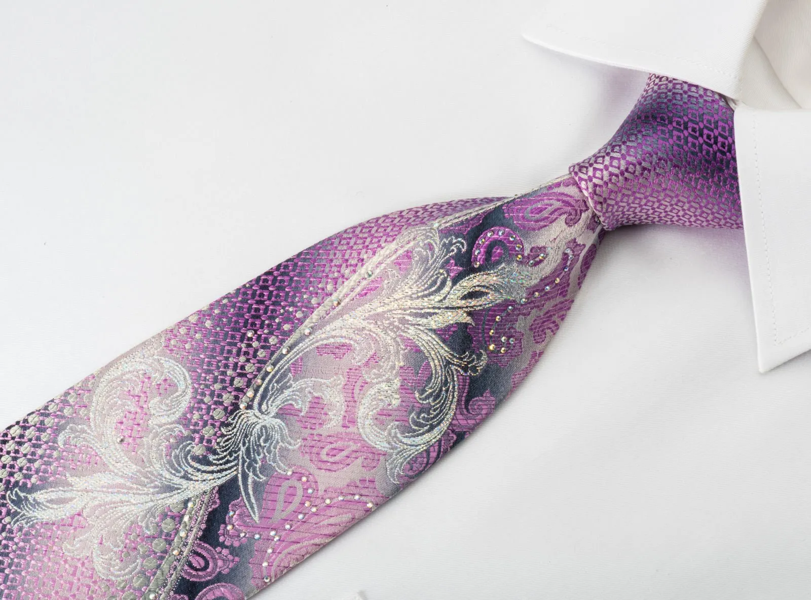 Caesars Silk Rhinestone Necktie Pink Silver Paisley Floral On Gray With Silver Sparkles