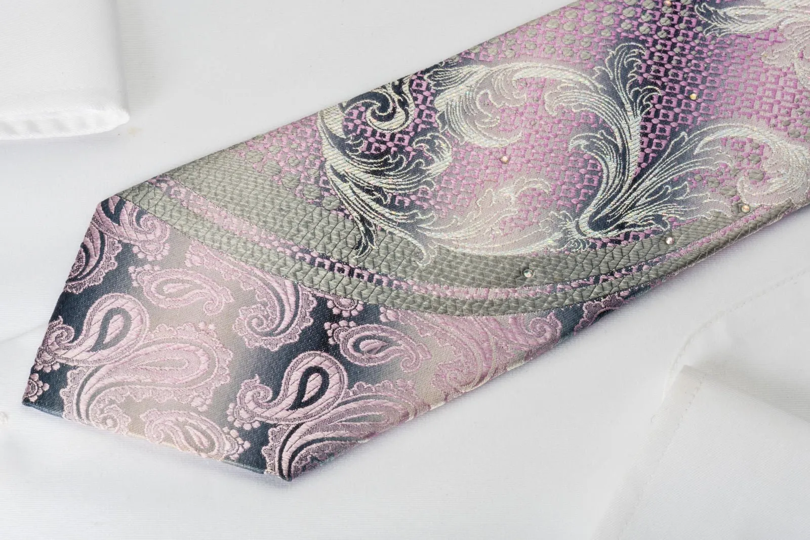 Caesars Silk Rhinestone Necktie Pink Silver Paisley Floral On Gray With Silver Sparkles