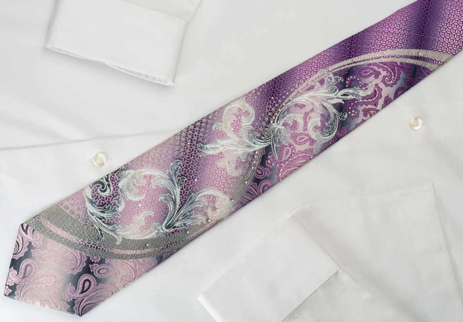 Caesars Silk Rhinestone Necktie Pink Silver Paisley Floral On Gray With Silver Sparkles