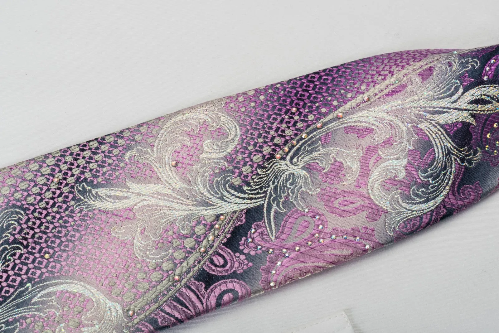 Caesars Silk Rhinestone Necktie Pink Silver Paisley Floral On Gray With Silver Sparkles