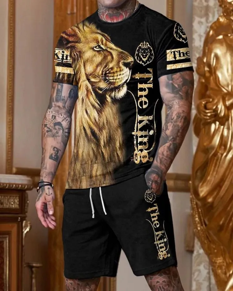 Casual Black and Gold Lion Print Collar Suit