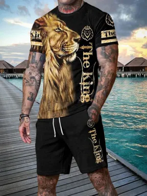 Casual Black and Gold Lion Print Collar Suit