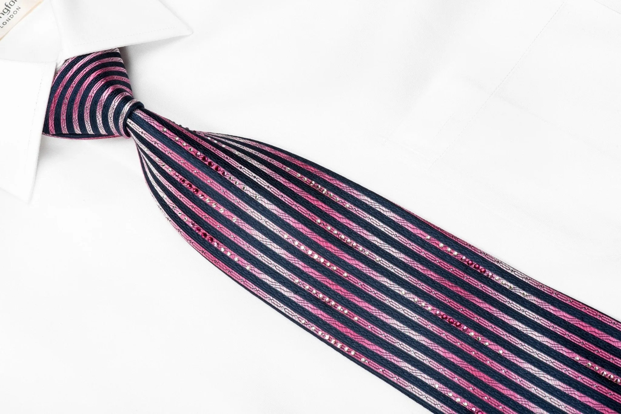 Charles Jourdan Men's Crystal silk Necktie Pink Blue Vertical Striped With Silver Sparkles