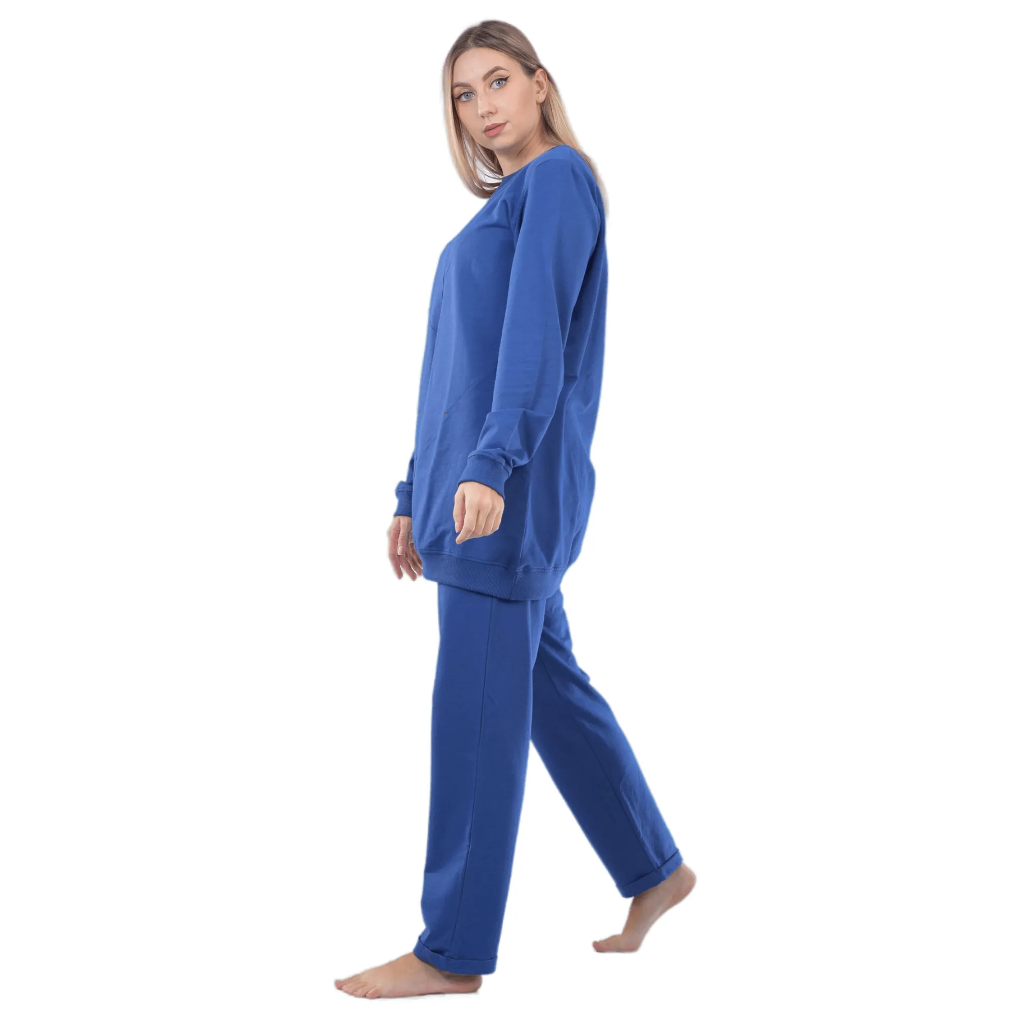 Comfy Long Sweatshirt and Pants Set for Women - Blue