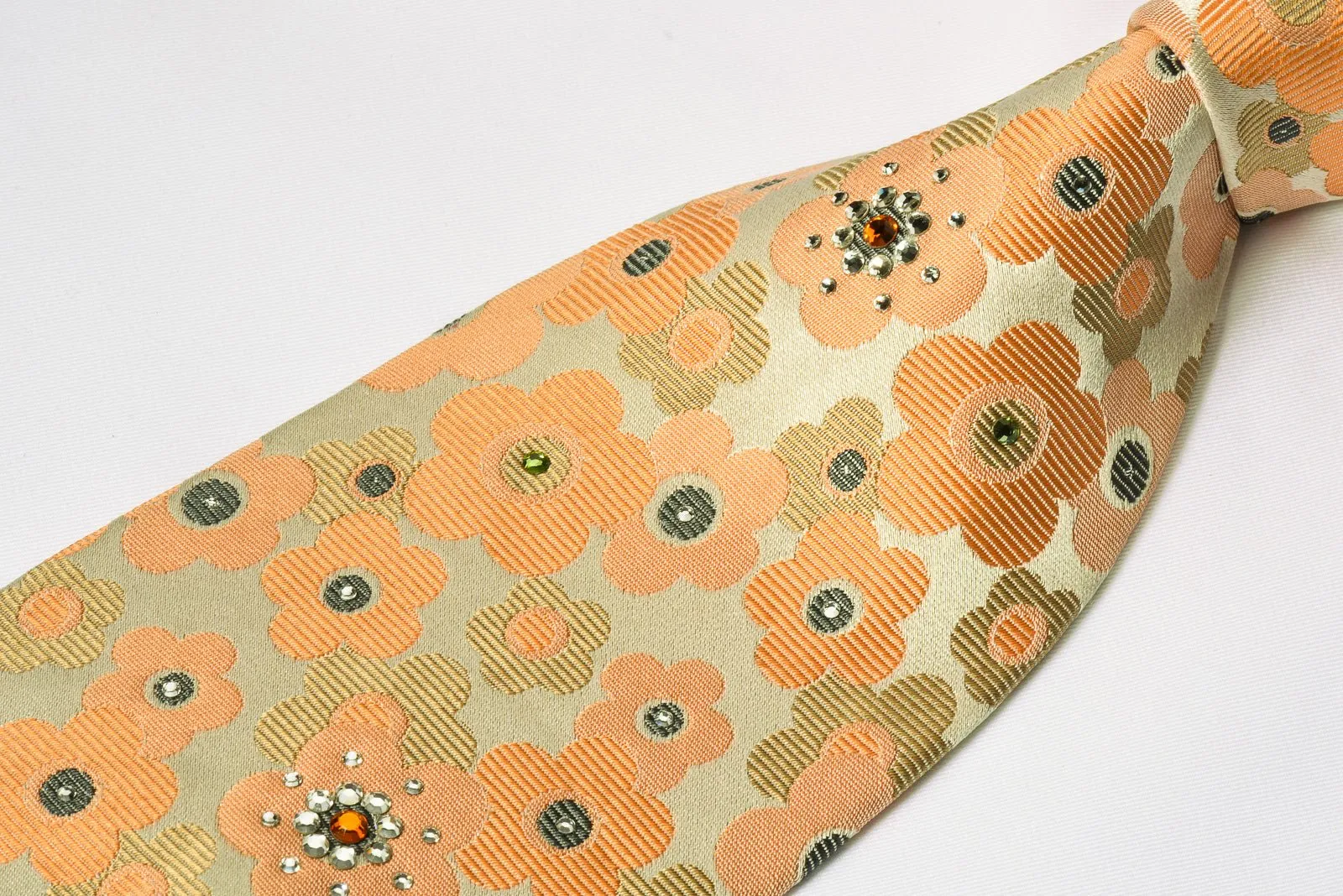 Countess Mara Rhinestone Necktie Orange Floral With Silver Sparkles