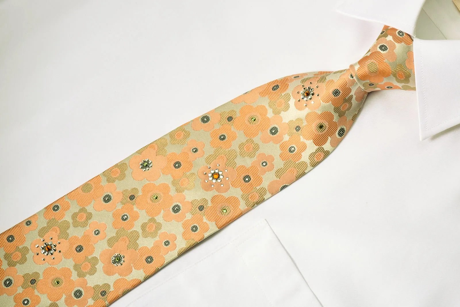 Countess Mara Rhinestone Necktie Orange Floral With Silver Sparkles