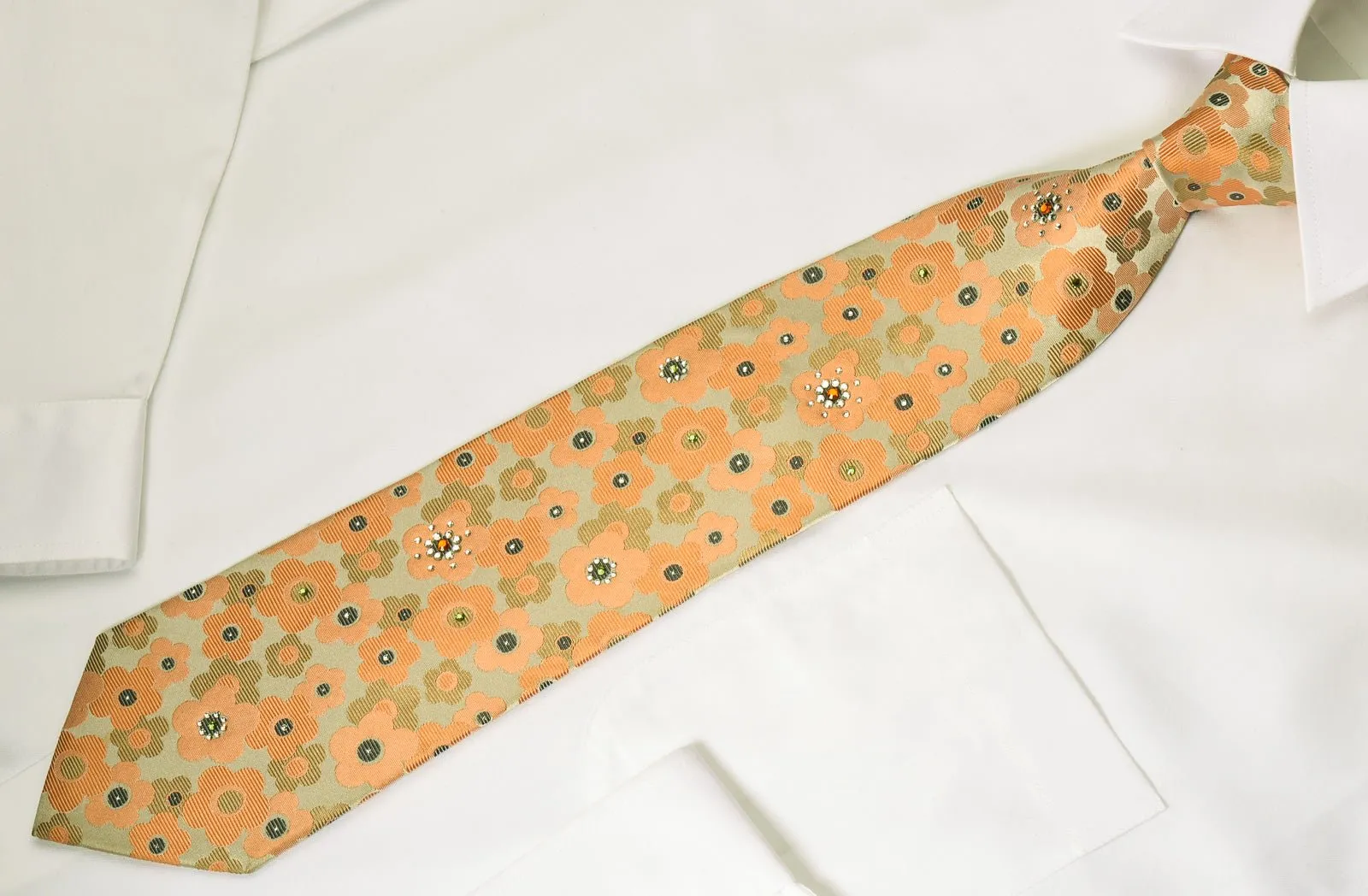 Countess Mara Rhinestone Necktie Orange Floral With Silver Sparkles