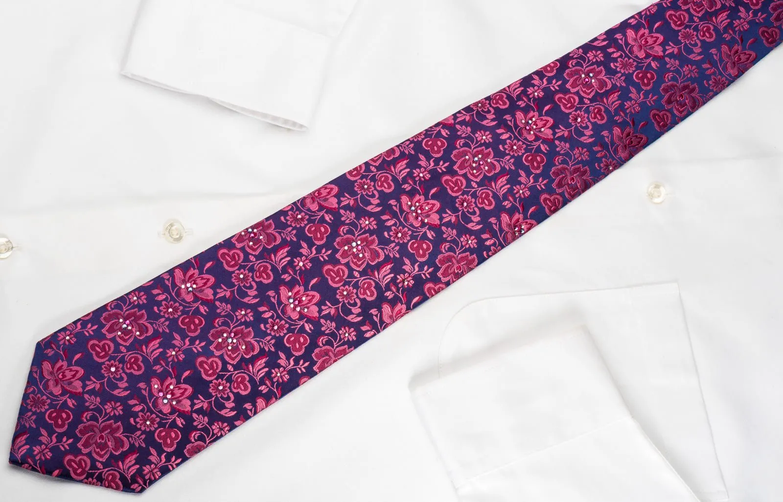 Countess Mara Silk Necktie Purple Floral On Blue Sparkling With Rhinestones