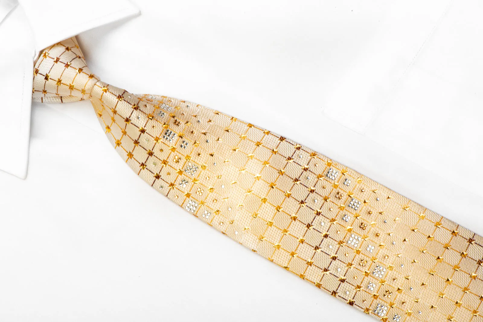 Crystal Rhinestone Necktie Golden Trellis On Cream With Gold Sparkles