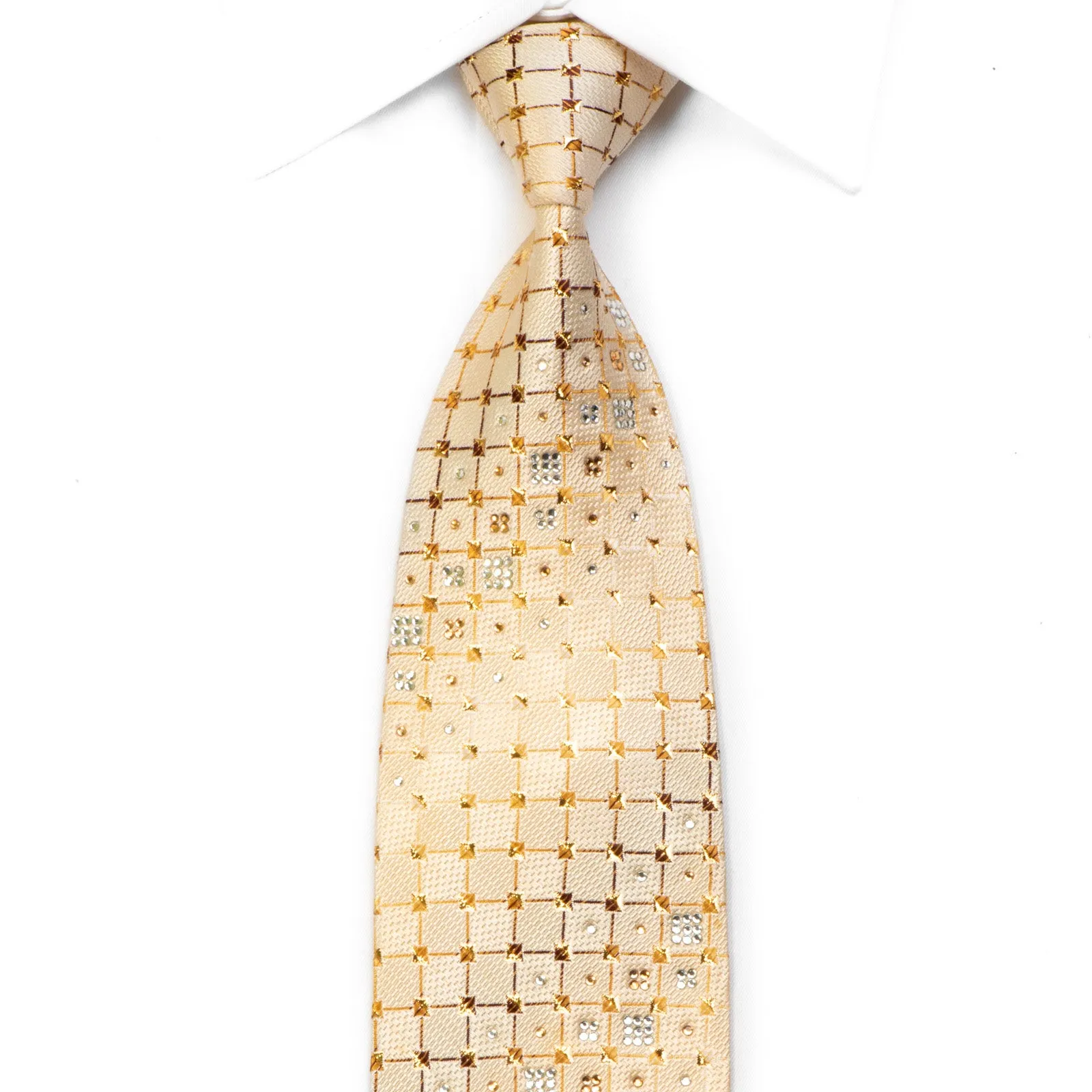 Crystal Rhinestone Necktie Golden Trellis On Cream With Gold Sparkles