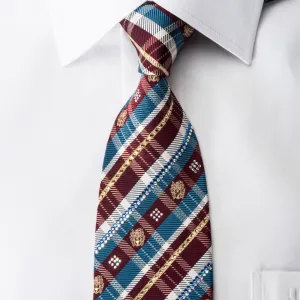 Daks Men's Rhinestone Silk Necktie Blue Burgundy Plaid With Gold Sparkles