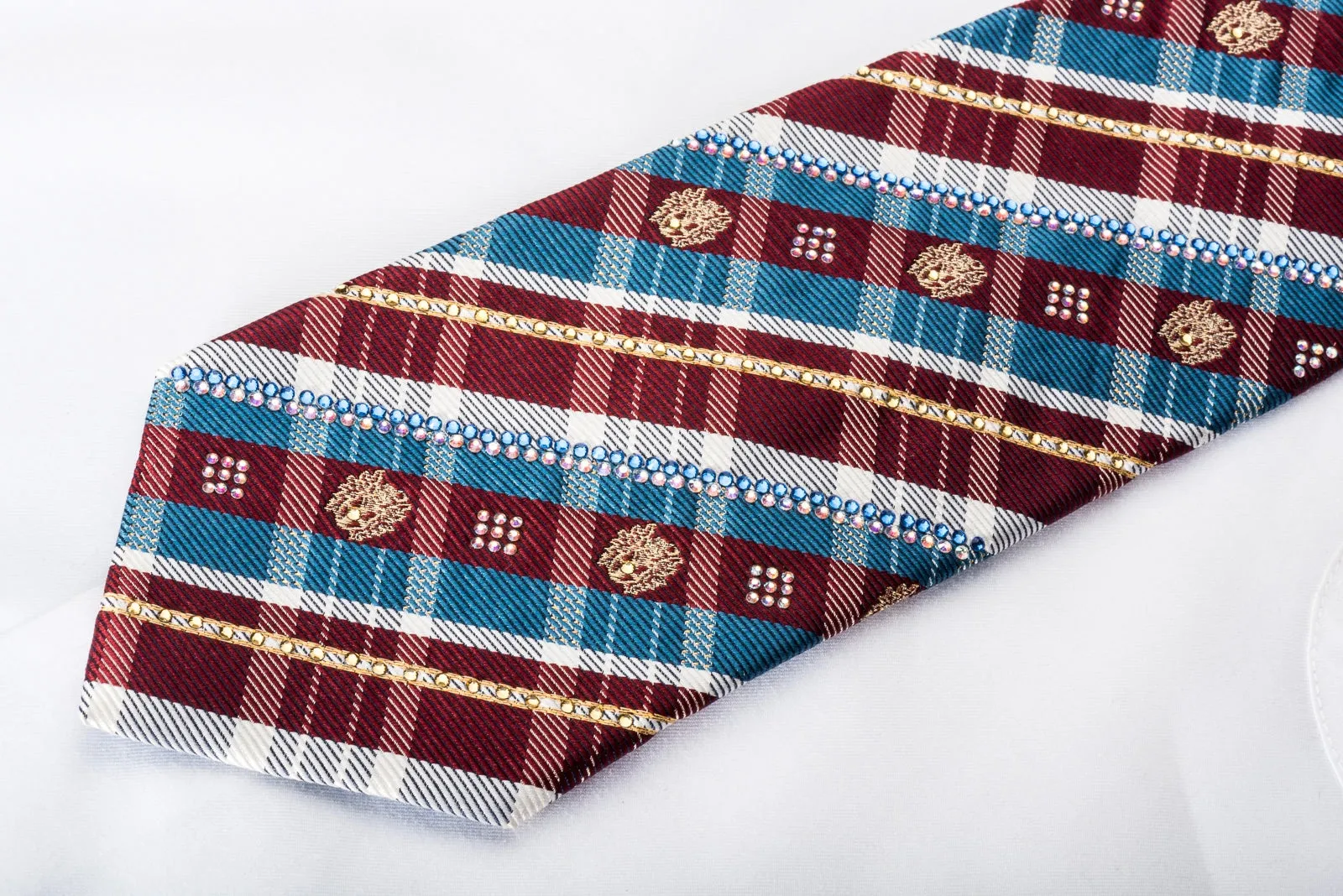 Daks Men's Rhinestone Silk Necktie Blue Burgundy Plaid With Gold Sparkles