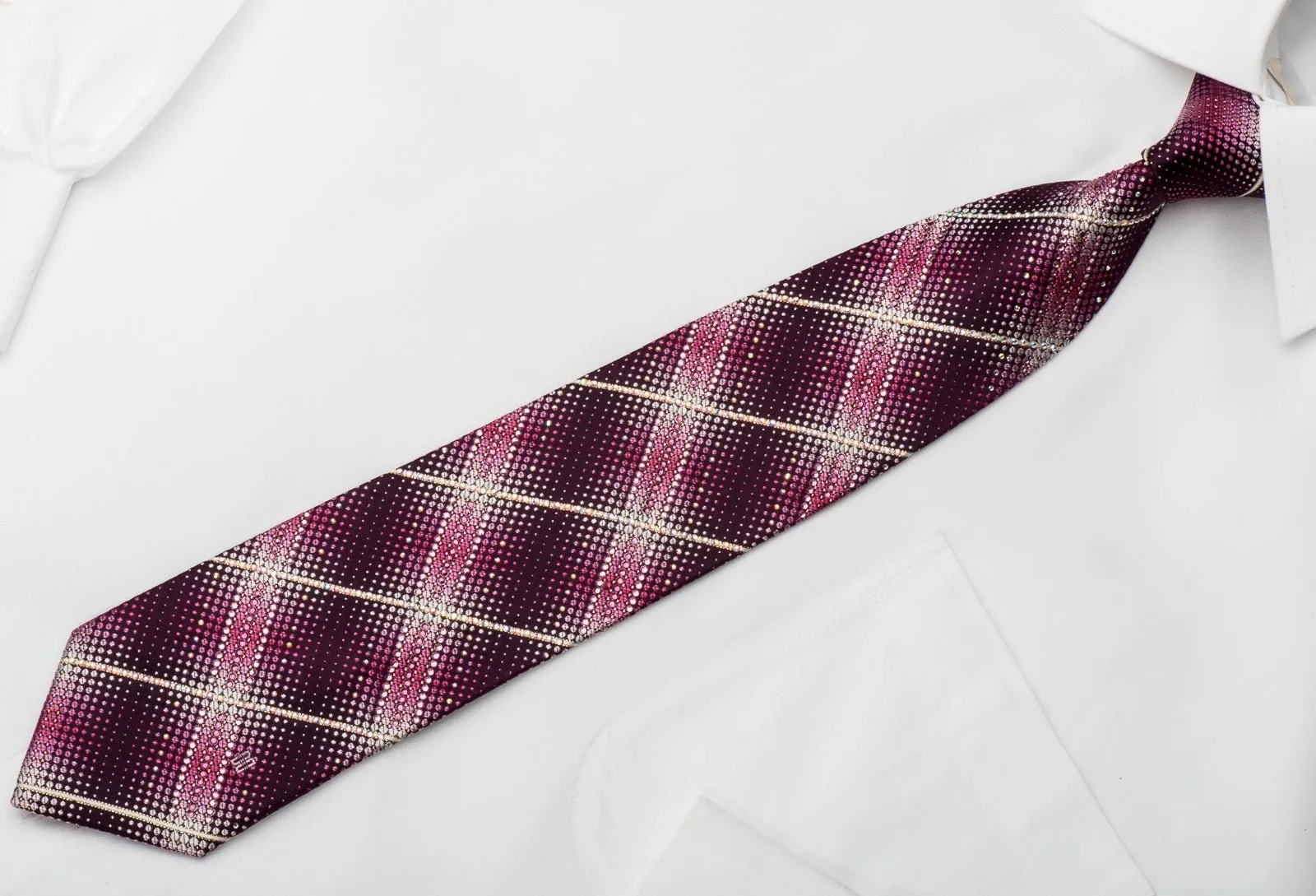 Daks Men's Rhinestone Silk Necktie Pink Dots & Stripes On Burgundy With Sparkles