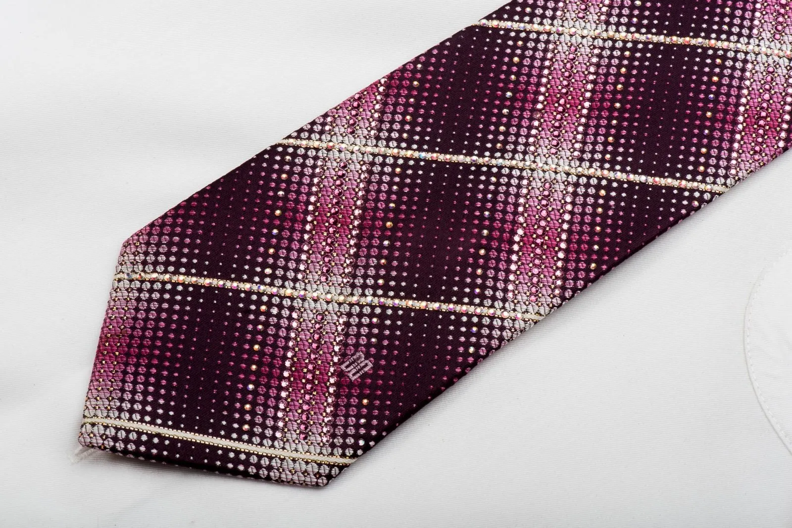 Daks Men's Rhinestone Silk Necktie Pink Dots & Stripes On Burgundy With Sparkles