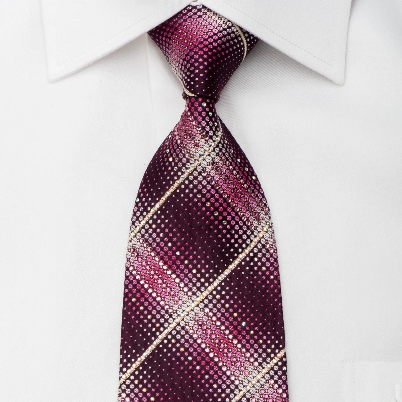 Daks Men's Rhinestone Silk Necktie Pink Dots & Stripes On Burgundy With Sparkles