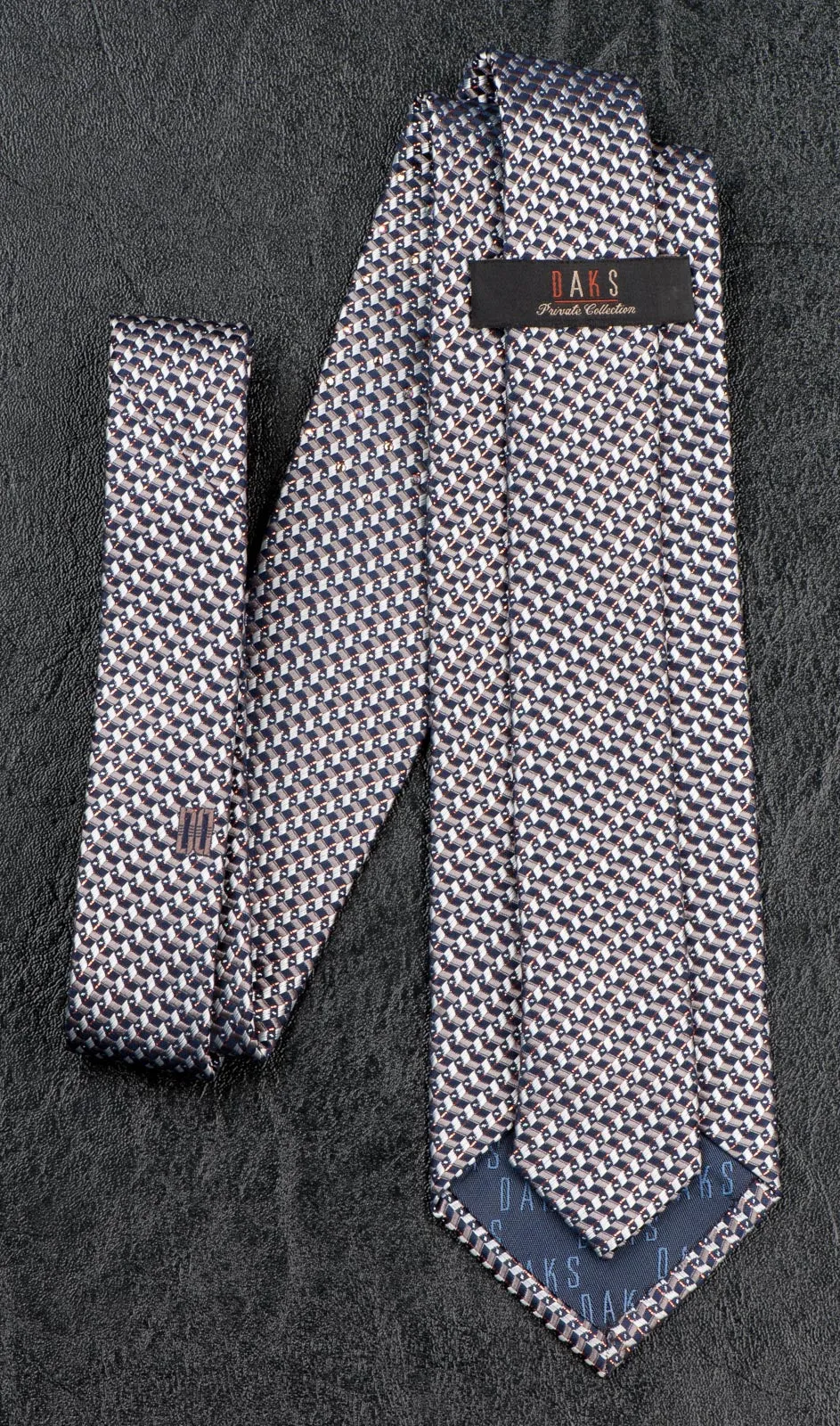 Daks Silk Neck Tie Silver Black Geometric Design With Rhinestones & Highlights