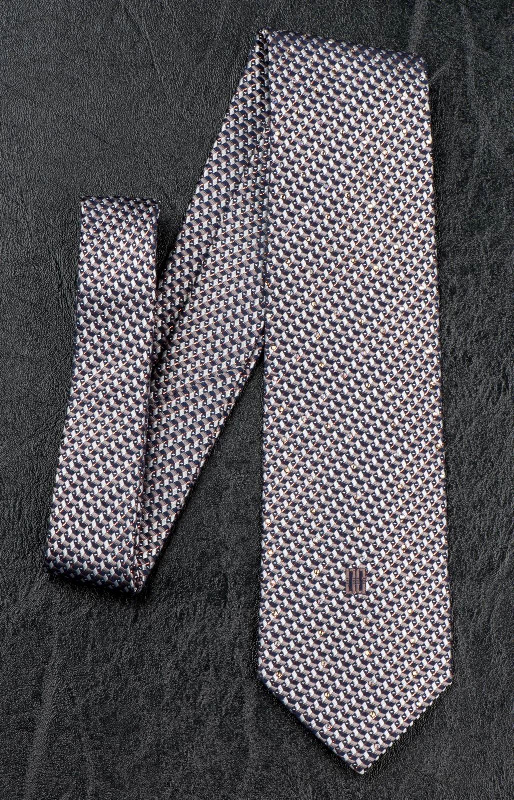 Daks Silk Neck Tie Silver Black Geometric Design With Rhinestones & Highlights