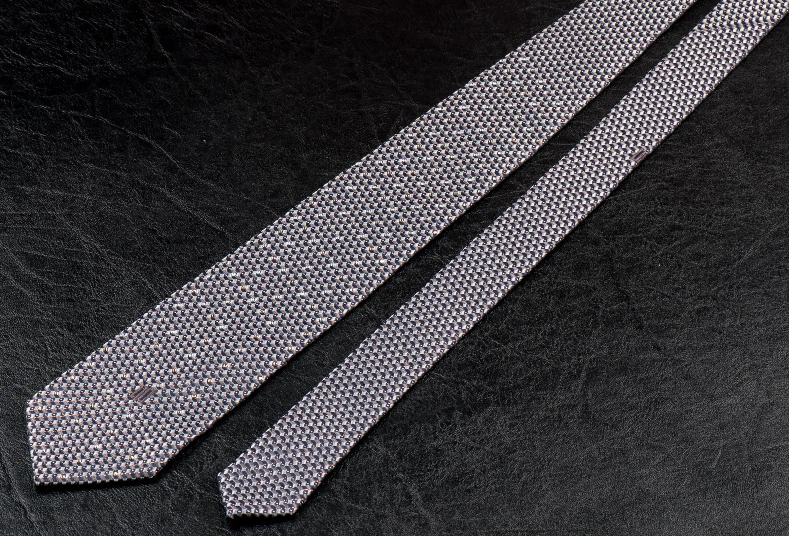 Daks Silk Neck Tie Silver Black Geometric Design With Rhinestones & Highlights