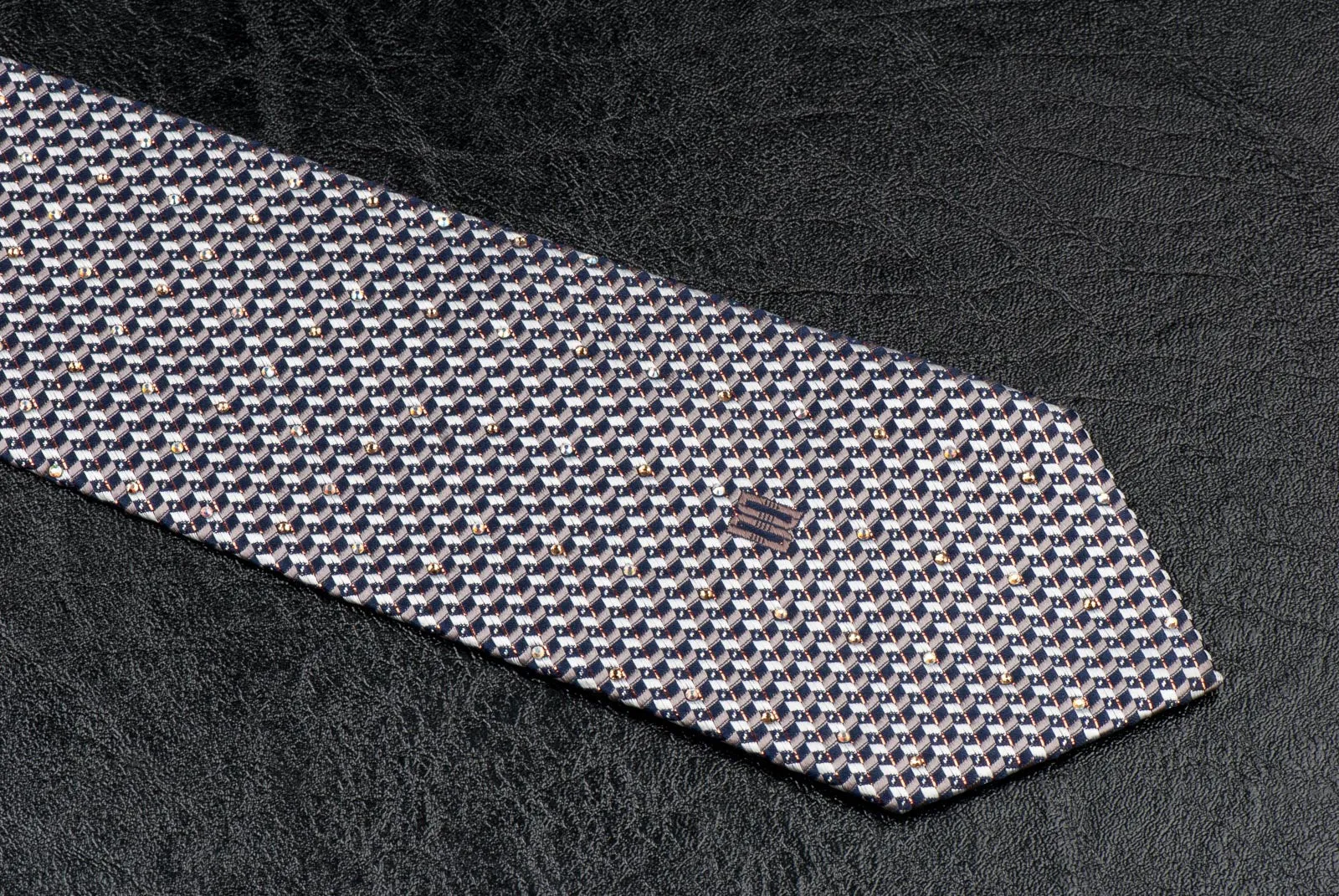 Daks Silk Neck Tie Silver Black Geometric Design With Rhinestones & Highlights