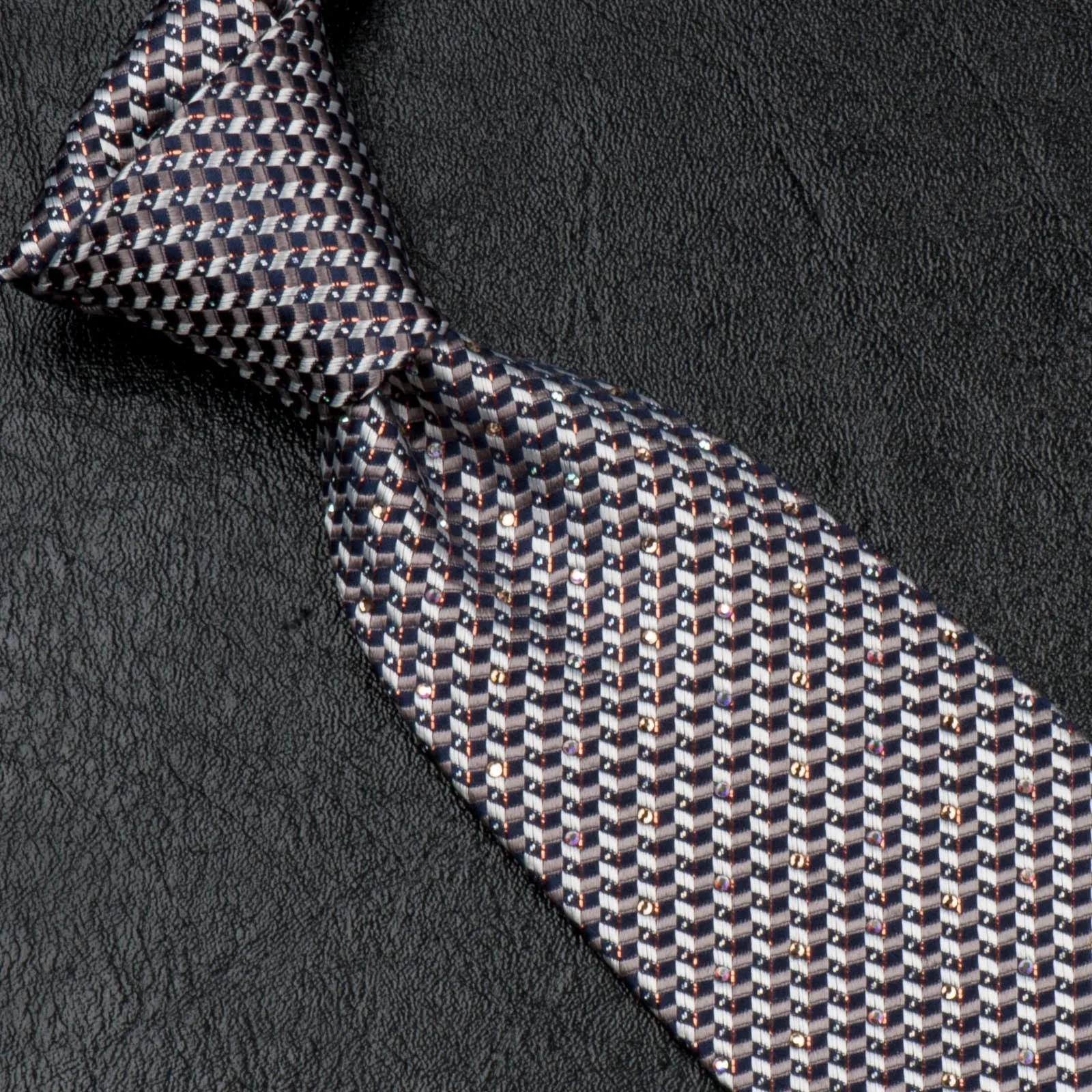 Daks Silk Neck Tie Silver Black Geometric Design With Rhinestones & Highlights