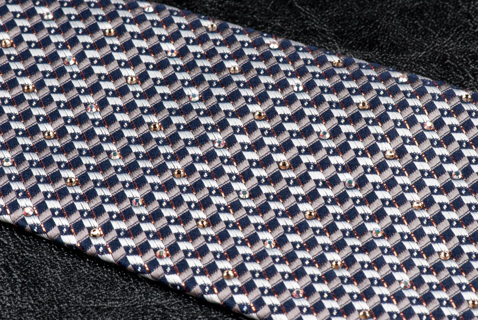 Daks Silk Neck Tie Silver Black Geometric Design With Rhinestones & Highlights