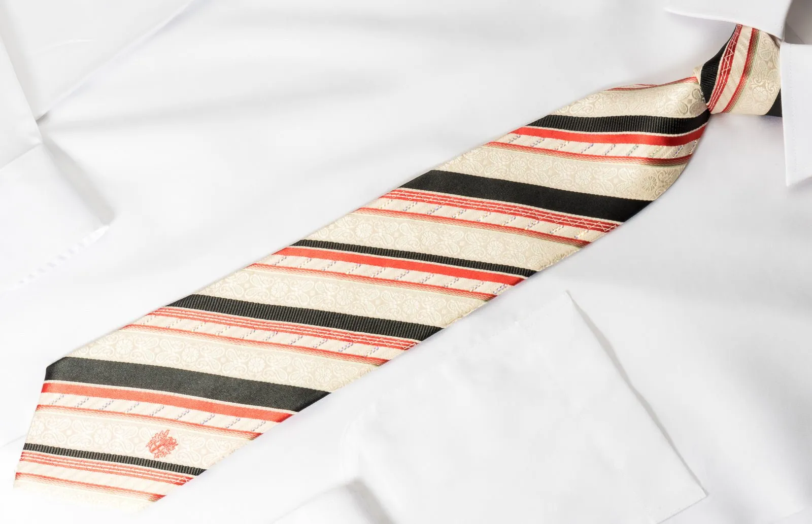 Daks Silk Necktie Black Orange Stripes On Cream White With Rhinestones