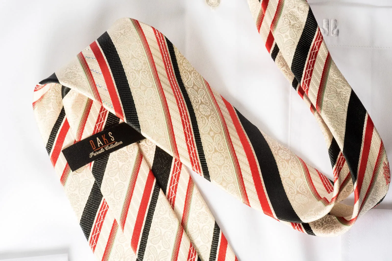 Daks Silk Necktie Black Orange Stripes On Cream White With Rhinestones