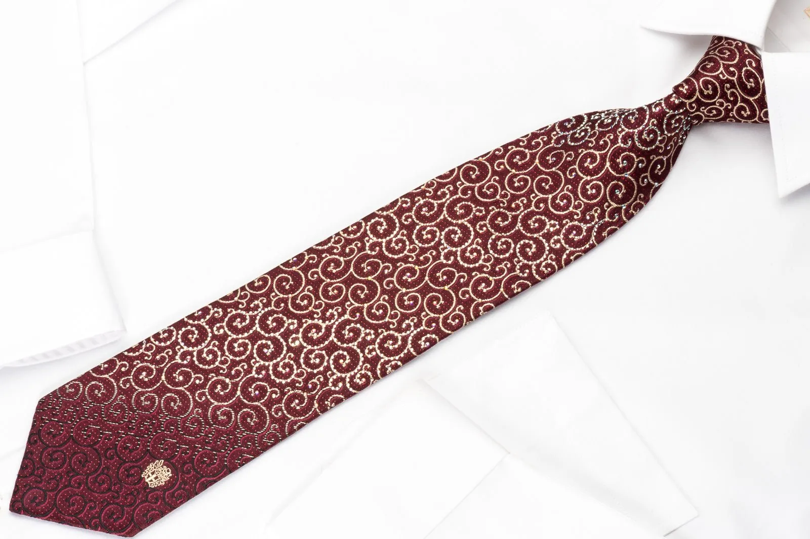 Daks Silk Rhinestone Necktie Scrolls On Burgundy With Silver Red Sparkles