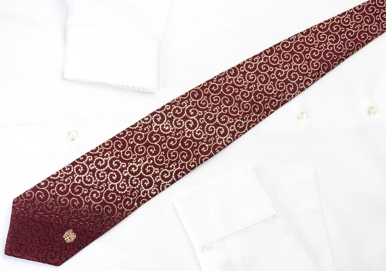 Daks Silk Rhinestone Necktie Scrolls On Burgundy With Silver Red Sparkles