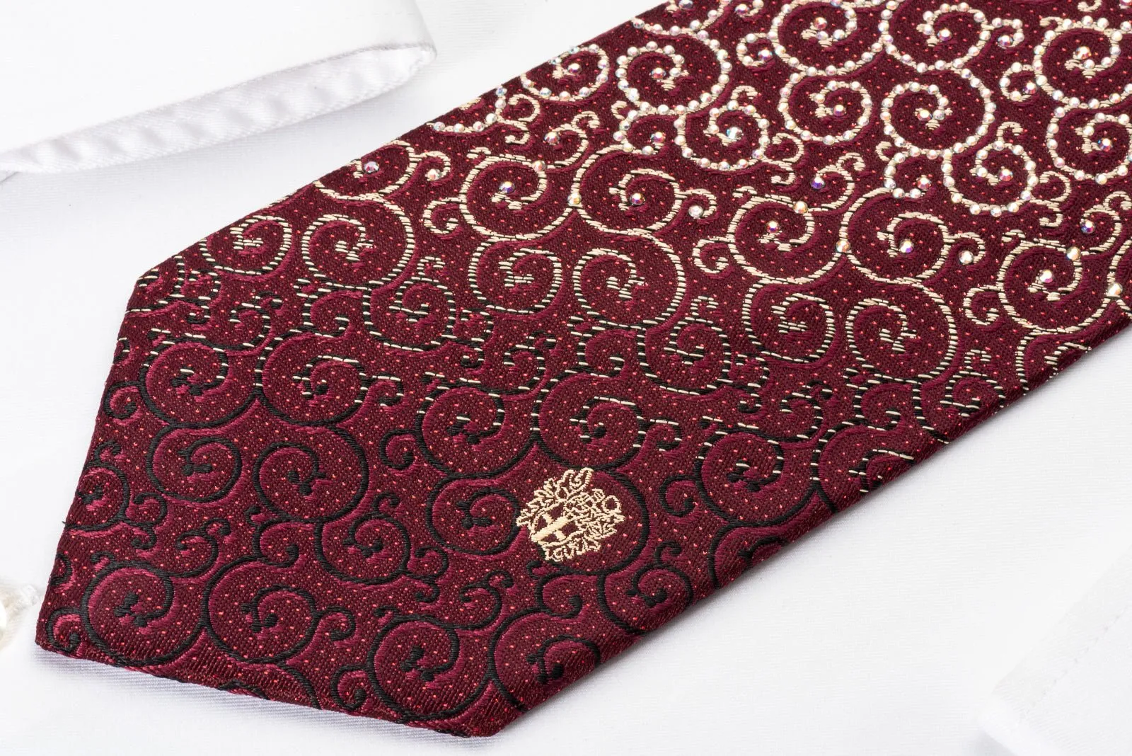 Daks Silk Rhinestone Necktie Scrolls On Burgundy With Silver Red Sparkles