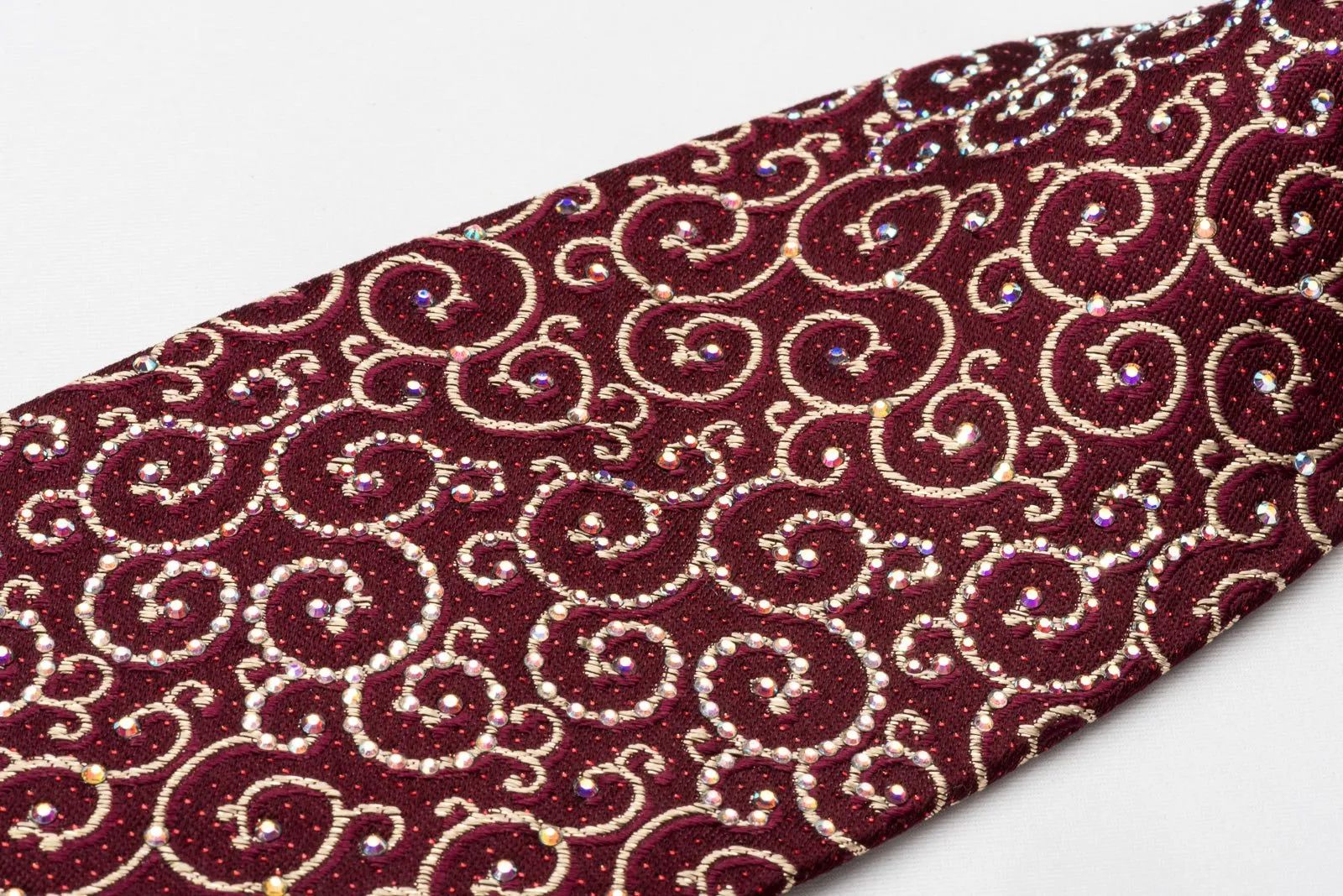 Daks Silk Rhinestone Necktie Scrolls On Burgundy With Silver Red Sparkles