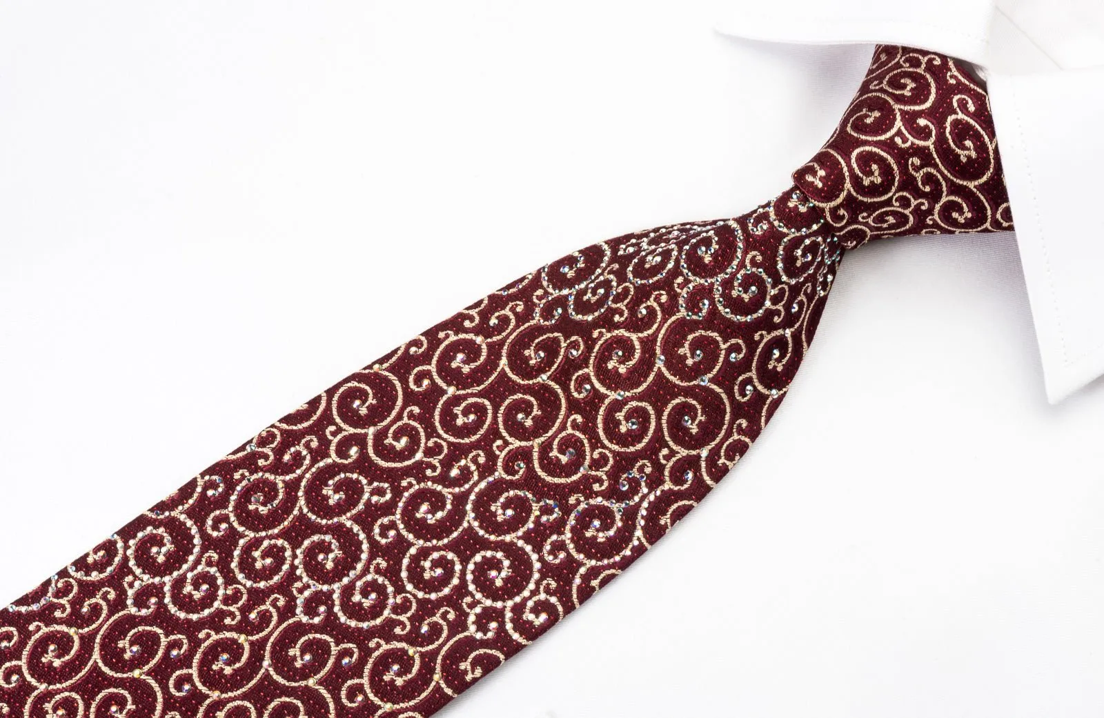 Daks Silk Rhinestone Necktie Scrolls On Burgundy With Silver Red Sparkles