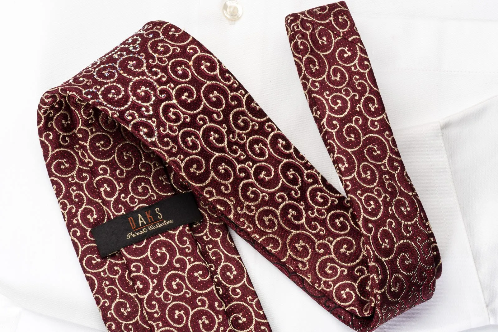 Daks Silk Rhinestone Necktie Scrolls On Burgundy With Silver Red Sparkles